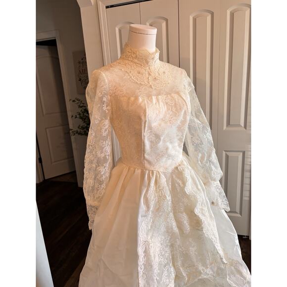 Vintage 60's 70's Victorian Lace Prairie Cottage Wedding Gown Dress High Neck - Picture 12 of 16